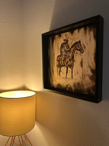 Original framed wood burning of cowboy on horse with grass, handmade western rustic wall art